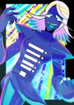  :d absurdres belt blue_eyes blue_pants blue_shirt blue_skin blue_tongue colored_skin colored_tongue deltarune hands_up highres jiba_(mirukurimu89) long_sleeves looking_at_viewer open_mouth pants purple_hair rouxls_kaard shirt smile solo sparkle_background white_hair 