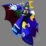  1girl android animemaster blue_cape blue_hat bow cape capelet chest_jewel clenched_teeth dated forehead_jewel full_body gloves green_hair grey_background hat highres holding holding_staff jewelry long_hair long_sleeves looking_at_viewer mega_man_(classic) mega_man_(series) mima_(touhou) official_style plaid_clothes plaid_vest red_eyes ribbon robot robot_ears robot_girl signature simple_background solo staff sun_print sun_symbol teeth touhou touhou_(pc-98) vest white_gloves wizard_hat yellow_bow 