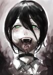  1girl absurdres blood blood_on_face chainsaw_man choker collared_shirt green_eyes greyscale hair_between_eyes hasewo highres looking_at_viewer monochrome open_mouth reze_(chainsaw_man) severed_tongue shirt short_hair solo spot_color teeth tongue tongue_out upper_teeth_only 