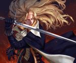  1boy absurdres alucard_(castlevania) ascot black_cape black_gloves blonde_hair cape castlevania castlevania_(netflix) closed_mouth commentary embers english_commentary fighting_stance floating_hair gloves highres holding holding_sword holding_weapon jacket long_hair looking_to_the_side male_focus ori_dal serious solo sword weapon yellow_eyes 