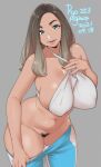  1girl agawa_ryou artist_name bare_shoulders blue_eyes breasts brown_hair cleavage clothes_pull commentary contrapposto covered_nipples cowboy_shot dated english_commentary female_pubic_hair flipped_hair grey_background huge_breasts jewelry light_smile long_hair looking_at_viewer navel no_bra numbered original pants pants_pull pink_lips pubic_hair puffy_nipples ring sidelocks simple_background skindentation solo top_pull wide_hips 