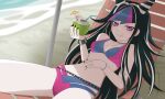  1girl absurdres beach_chair bikini black_hair black_nails blue_hair blue_streaks bracelet closed_mouth commentary danganronpa_(series) danganronpa_2:_goodbye_despair danganronpa_s:_ultimate_summer_camp drink drinking_straw ear_piercing english_commentary eyelashes face_piercing flower hair_horns hand_on_own_stomach highres holding holding_drink jewelry leo.comics long_hair mioda_ibuki mouth_piercing multicolored_hair nail_polish piercing pink_eyes pink_hair pink_streaks redrawn scrunchie smile solo streaked_hair swimsuit water white_hair wrist_scrunchie 