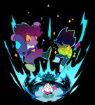  1boy 1girl 1other brown_hair buckle chibi cloak colored_skin commentary deltarune english_commentary falling glasses goat_horns heart heart-shaped_buckle horns jacket kris_(deltarune) looking_up purple_hair purple_skin ralsei scarf shirt smile striped striped_shirt susie_(deltarune) temmie_chang transformation 