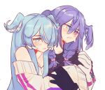  2girls bangs blue_eyes blue_hair braid breasts cleavage collarbone crying crying_with_eyes_open elira_pendora eyebrows_visible_through_hair gloves grey_gloves hair_over_one_eye head_wings heterochromia highres hug multiple_girls nijisanji nijisanji_en off_shoulder one_eye_covered selen_tatsuki siblings single_glove sisters sleeves_past_fingers sleeves_past_wrists tears twin_braids virtual_youtuber white_background yuno_(p2eocene) 