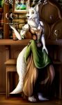 albino alcohol anthro bar_table barrel beverage beverage_bottle biped bottle breasts building canid canine canis cheek_tuft chimi_keeki clothed clothed_anthro clothed_female clothing container cup detailed_background digital_media_(artwork) drinking_glass facial_tuft fantasy female female_anthro fingers fluffy fluffy_tail fur furniture glass glass_container glass_cup hair hi_res holding_object looking_at_viewer mammal medieval medieval_architecture medieval_clothing medieval_fantasy medieval_style neck_tuft open_mouth ranthfox red_eyes serving serving_tray smile smiling_at_viewer solo stone_wall stool table tail teeth tongue tuft wall_(structure) white_body white_fur wine wine_glass wolf wood wood_furniture