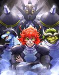  3boys absurdres character_name colored_sclera crossed_arms dinosaur_boy fangs furry getter_robo getter_robo_arc gettersaurus green_eyes green_hair helmet highres horns male_focus mecha multiple_boys ohdon open_mouth pilot_suit red_hair sharp_teeth smile spikes super_robot teeth yellow_eyes yellow_sclera 