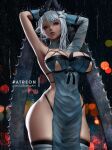  1girl aqua_eyes arm_wrap arms_up bandages bangs bare_hips blunt_bangs blurry blurry_background bokeh breasts cleavage depth_of_field dress flower gloves hair_flower hair_ornament kaine_(nier) large_breasts leg_wrap lips lolliedrop looking_at_viewer nier_(series) night parted_lips pinup_(style) rain replicant revealing_clothes side_cutout silver_hair solo standing thighhighs thighs water white_hair 