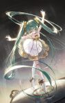  1girl absurdly_long_hair absurdres aqua_hair ballerina ballet ballet_slippers bare_shoulders bracelet dress full_body gold_trim gramophone_miku hair_between_eyes half-closed_eyes halftone hatsune_miku highres jewelry kokko_(kokko3045) long_hair looking_down miku_symphony_(vocaloid) outstretched_arms see-through_clothes see-through_dress single_thighhigh solo spread_arms standing strapless strapless_dress thighhighs tiptoes tutu twintails very_long_hair vocaloid white_dress white_thighhighs 