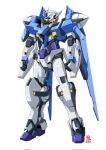 blue_eyes dated english_text gn_drive gundam gundam_00 highres mecha mobile_suit no_humans original pravin_rao_santheran science_fiction solo standing v-fin white_background 