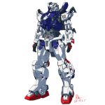  2025 absurdres aqua_eyes blue_destiny_03 cable chest_cannon dated english_commentary gun gundam gundam_gquuuuuux gundam_side_story:_the_blue_destiny highres in-franchise_crossover machine_gun machinery mecha mecha_focus mobile_suit no_humans original pravin_rao_santheran robot science_fiction signature v-fin weapon white_background yamashita_ikuto_(style) 