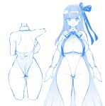  1girl back bangs bare_shoulders bb_(fate) bb_(fate/extra) blue_theme blush breasts fate/extra fate/extra_ccc fate_(series) gloves hair_ribbon highleg highleg_leotard large_breasts leotard long_hair looking_at_viewer multiple_views neck_ribbon oohira_sunset ribbon sketch thighs very_long_hair 