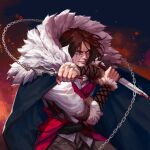  1boy absurdres blood blood_on_face blood_on_knife blood_on_weapon blue_eyes brown_hair cape castlevania castlevania_(netflix) chain_whip clenched_teeth commentary dagger dual_wielding embers english_commentary fur_collar highres holding holding_dagger holding_weapon knife looking_at_viewer male_focus ori_dal signature solo teeth trevor_c._belmont weapon 