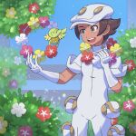 1boy :d aether_foundation_employee aether_foundation_uniform bad_id bad_pixiv_id banned_artist blush brown_hair bush comfey commentary_request flower gloves grey_eyes hands_up hat highres holding jumpsuit male_focus nin_(female) open_mouth pokemon pokemon_(creature) pokemon_(game) pokemon_sm purple_flower red_flower short_hair sleeves_rolled_up smile teeth tongue upper_teeth white_flower white_gloves white_headwear white_jumpsuit yellow_flower 