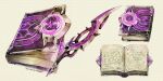  absurdres artist_name book commentary commission dated english_commentary english_text fantasy highres light_particles no_humans open_book original simple_background sinlaire still_life weapon weapon_focus weapon_request white_background 