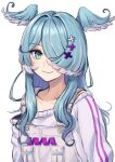  1girl absurdres bangs blue_eyes blue_hair collarbone elira_pendora g9_(jiiku) grey_overalls hair_over_one_eye head_wings highres long_hair nijisanji nijisanji_en off_shoulder one_eye_covered overalls portrait smile solo sweater virtual_youtuber white_background white_sweater 