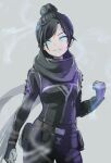  1girl absurdres animification apex_legends bangs black_bodysuit black_hair black_scarf blue_eyes bodysuit breasts clenched_hand eyebrows_behind_hair gloves glowing glowing_eyes grey_background grey_gloves hair_bun highres looking_at_viewer scarf small_breasts smile solo souji_touban wraith_(apex_legends) 