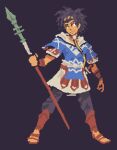  1boy blue_hair blue_hoodie cai_(fire_emblem) dark-skinned_male dark_skin fire_emblem fire_emblem:_fortune's_weave holding holding_polearm holding_weapon hood hood_down hoodie male_focus polearm solo sprite two-tone_hoodie weapon white_hoodie x0_000 yellow_eyes 