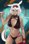  1girl animal_ears bangs bare_shoulders bikini black_bikini black_hairband blue_eyes body_markings bracelet breasts caenis_(fate) caenis_(swimsuit_rider)_(fate) cleavage collarbone eyebrows_visible_through_hair eyewear_on_head fate/grand_order fate_(series) grin hairband harpoon highres hisaki_yatori jewelry large_breasts long_hair looking_at_viewer nail_polish navel rope smile solo sunglasses swimsuit thighs very_long_hair white_hair white_nails wristband 