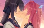  2girls ao_no_kanata_no_four_rhythm black_hair closed_eyes cloud couple hair_ornament hair_ribbon hand_on_another&#039;s_face highres kiss kurashina_asuka lens_flare light_blush long_hair multiple_girls otono_fei outdoors petals pink_hair ribbon school_uniform serafuku sky sunset tobisawa_misaki twilight wing_hair_ornament x_hair_ornament yuri 