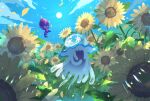  bad_id bad_pixiv_id banned_artist cloud commentary_request day flower from_below nihilego nin_(female) no_humans outdoors petals poipole pokemon pokemon_(creature) sky smile sun sunflower ultra_beast 