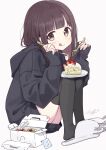  1girl absurdres black_hoodie black_legwear blush box brown_eyes brown_hair cake closed_mouth commentary food fork from_side fruit full_body highres holding hood hoodie licking_lips long_hair nanase_kurumi_(menhera-chan) original plate pomu signature simple_background sitting sleeves_past_wrists slippers smile solo strawberry symbol-only_commentary thighhighs tongue tongue_out white_background 
