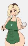  1girl apron areola_slip areolae bare_shoulders barista blonde_hair breasts closed_mouth cup curvy disposable_cup eyeshadow highres holding holding_cup holding_marker honeyshaman huge_breasts iced_latte_with_breast_milk_(meme) lil.pochaco_(twitter) looking_at_viewer makeup marker mature_female meme naked_apron photo-referenced raised_eyebrow real_life real_life_insert short_hair starbucks w white_background wide_hips yellow_eyes 