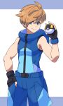  1boy ace_trainer_(pokemon) ahoge bad_id bad_pixiv_id bangs banned_artist black_gloves blue_eyes blue_jacket blue_pants closed_mouth commentary_request fingerless_gloves gloves hair_between_eyes hand_in_pocket hand_up highres holding holding_poke_ball jacket male_focus nin_(female) orange_hair pants poke_ball pokemon pokemon_(game) pokemon_sm short_hair sleeveless sleeveless_jacket smile split_mouth ultra_ball zipper_pull_tab 