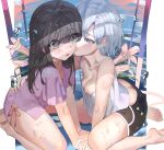  2girls ass barefoot black_eyes black_hair blue_eyes blue_hair blush breasts butt_crack cleavage flower hani_haya heart heart-shaped_pupils highres licking licking_another&#039;s_face lily_(flower) long_hair multiple_girls open_mouth original short_hair shorts sitting soles symbol-shaped_pupils toes wariza yuri 