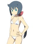  1girl :| ahoge arm_behind_back armpits bangs bare_shoulders bikini blue_hair bob_cut bow breasts closed_mouth constanze_amalie_von_braunschbank-albrechtsberger contrapposto cowboy_shot green_eyes hair_bow hair_ornament halterneck hand_on_hip little_witch_academia long_hair looking_at_viewer navel red_bow satochi simple_background small_breasts solo string_bikini swimsuit thick_eyebrows very_long_hair white_background white_bikini 