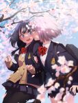  2girls blue_eyes blue_hair blush cherry_blossoms earphones earphones_removed eyebrows_visible_through_hair gridman_universe gulim kiss kissing_cheek mixed-language_commentary multiple_girls open_mouth outdoors pantyhose pink_hair school_uniform shinjou_akane ssss.gridman takarada_rikka yuri 