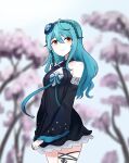  1girl bangs black_dress blue_flower blue_hair blue_rose blurry blurry_background breasts cherry_blossoms clenched_hand dress eyebrows_behind_hair eyeshadow flower frown hair_flower hair_ornament han_ma highres long_hair makeup nijisanji nijisanji_kr orange_eyes red_eyeshadow rose ryu_hari small_breasts solo thigh_strap virtual_youtuber 