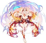  1girl :d aqua_eyes ark_order bangs bare_legs bare_shoulders blue_fire breasts cthugha cthugha_(ark_order) cthulhu_mythos detached_sleeves fire full_body highres horns huge_breasts inxst leotard long_hair looking_at_viewer navel official_art open_mouth red_leotard red_nails sidelocks smile solo tachi-e transparent_background twintails very_long_hair white_hair 
