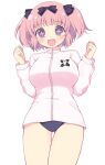  +_+ 1girl black_bow blue_eyes blush bow breasts buruma eyebrows_visible_through_hair hair_bow hibari_(senran_kagura) jacket large_breasts long_sleeves looking_at_viewer open_mouth pink_hair senran_kagura short_hair short_twintails smile solo twintails utahiro_(shima) zipper zipper_pull_tab 