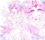  1girl arm_support bare_shoulders blue_flower blue_rose blush bright_pupils butterfly_wings circlet closed_mouth cookie_run cookie_run:_kingdom dress english_commentary eternal_sugar_cookie eternal_sugar_cookie_(blooming_bringer_of_sloth) eyelashes flower flower_halo gem hair_flower hair_ornament halo hand_on_own_chin hand_up heart-shaped_gem highres insect_wings long_hair long_sleeves looking_at_viewer multiple_views nail_polish off-shoulder_dress off_shoulder official_alternate_costume pale_skin pearl_(gemstone) pink_eyes pink_gemstone pink_hair pink_nails puffy_long_sleeves puffy_sleeves purple_flower purple_rose rose sanwawans sidelocks simple_background smile sparkle standing teeth very_long_hair white_background white_dress white_eyeshadow white_pupils wings yellow_flower yellow_rose 