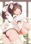  1girl animal_ears ass bangs black_buruma blurry blurry_background bow breasts brown_eyes brown_hair bursting_breasts buruma commentary_request dog_ears dog_girl dog_tail elbow_gloves gloves gym_uniform hair_bow hair_ribbon huge_breasts indoors looking_at_viewer metk open_mouth original paw_pose ponytail ribbon shirt solo tail thighhighs tongue torn_clothes torn_shirt white_background white_gloves window 