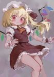  1girl absurdres ascot bangs blonde_hair blush closed_mouth crystal eyebrows_visible_through_hair feet_out_of_frame flandre_scarlet flat_chest frilled_shirt_collar frills grey_background hat highres light_smile looking_at_viewer mob_cap one_side_up orange_ascot petticoat puffy_short_sleeves puffy_sleeves red_eyes red_skirt red_vest reddizen short_hair short_sleeves simple_background skirt solo touhou vest white_headwear wings wrist_cuffs 