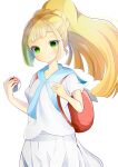  1girl absurdres backpack bad_id bad_pixiv_id bag bangs blonde_hair blue_sailor_collar blush braid closed_mouth collarbone commentary_request crown_braid eyelashes green_eyes hands_up high_ponytail highres holding holding_poke_ball lillie_(pokemon) orange_bag poke_ball poke_ball_(basic) pokemon pokemon_(game) pokemon_sm sailor_collar shirt short_sleeves simple_background skirt smile solo split_mouth tsunamayo_(tsuna_art27) white_background white_shirt white_skirt 