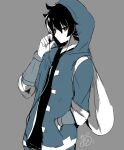  1boy black_hair bright_pupils collarbone commentary_request earbuds earphones grey_background hand_in_pocket herunia_kokuoji hood hoodie listening_to_music male_focus red_eyes short_hair signature simple_background solo upper_body warioware white_pupils young_cricket 