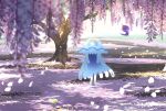  bad_id bad_pixiv_id banned_artist commentary_request day flower grass nihilego nin_(female) no_humans outdoors petals poipole pokemon pokemon_(creature) smile standing tree ultra_beast 