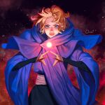  1girl absurdres blue_cloak blue_eyes castlevania castlevania_(netflix) cloak commentary energy_ball english_commentary fighting_stance highres looking_at_viewer magic ori_dal parted_lips sash signature solo sypha_belnades upper_body 