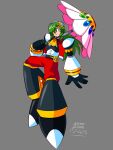  1girl animemaster ascot black_gloves chest_jewel dated double_bun drill_hair full_body gloves green_hair hair_bun hair_over_one_eye highres holding holding_umbrella kazami_yuuka kazami_yuuka_(pc-98) long_hair looking_at_viewer mega_man_(classic) mega_man_(series) official_style open_clothes open_vest pants parasol pink_umbrella plaid_clothes plaid_pants plaid_vest red_eyes signature smile solo touhou touhou_(pc-98) twin_drills umbrella vest yellow_ascot 