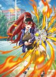  1girl 2025 ball black_shirt black_visor blue_jacket blue_sky building chain-link_fence cloud cloudy_sky copyright_notice duel_masters fence fire green_eyes high_ponytail highres holding holding_tennis_racket jacket jurako_ljuba knee_pads long_hair niwachichi_(maekawasan) official_art open_clothes open_jacket open_mouth outdoors pleated_skirt ponytail racket red_hair shirt skirt sky solo sportswear teeth tennis_ball tennis_court tennis_racket tree upper_teeth_only visor_cap yellow_skirt 