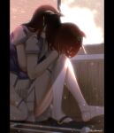  2girls absurdres agnes_tachyon_(umamusume) ahoge animal_ears ashenmash bandaged_foot bandages black_hair brown_hair closed_eyes crutch ear_tag earrings hair_between_eyes head_on_another&#039;s_shoulder highres horse_ears horse_girl hug hug_from_behind indoors injury jewelry long_bangs long_hair long_hair_between_eyes manhattan_cafe_(umamusume) multicolored_hair multiple_girls pleated_skirt puffy_short_sleeves puffy_sleeves purple_serafuku purple_shirt sailor_collar sailor_shirt school_uniform serafuku shirt shoes short_hair short_sleeves single_earring single_thighhigh skirt thighhighs tracen_school_uniform umamusume white_hair white_sailor_collar white_skirt white_thighhighs window 