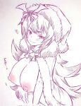  1girl bell blush breasts closed_mouth commentary_request hat heart highres ilya_(princess_connect!) large_breasts long_hair looking_at_viewer monochrome neck_bell nipples princess_connect! red_eyes santa_hat slit_pupils solo traditional_media translated tsukareta_san 