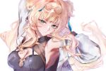  1girl aqua_eyes bare_shoulders blonde_hair breasts cleavage commentary eyewear_on_head highres honkai_(series) honkai_impact_3rd large_breasts long_hair long_sleeves looking_at_viewer nyeppu round_eyewear solo songque sunglasses upper_body white_background 