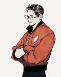  1boy black-framed_eyewear black_hair crossed_arms disco_elysium expressionless facial_hair glasses gloves jacket kim_kitsuragi lambert078 male_focus mustache_stubble orange_gloves orange_jacket round_eyewear short_hair simple_background solo stubble upper_body white_background 
