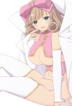  1girl blush bow breasts brown_hair cleavage curly_hair detached_sleeves eyebrows_visible_through_hair finger_to_mouth garter_straps green_eyes hair_bow haruka_(senran_kagura) highres large_breasts long_sleeves looking_at_viewer navel open_mouth pink_bow senran_kagura short_hair smile solo thighhighs utahiro_(shima) white_legwear 