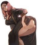 1girl ass backlighting bangs black_dress blue_eyes blush bow_(bhp) breasts brown_hair closed_mouth dress fate/grand_order fate_(series) forehead large_breasts leonardo_da_vinci_(fate) long_hair long_sleeves looking_at_viewer no_panties parted_bangs purple_eyes pussy simple_background smile solo standing thighs white_background 