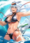  1girl animal_ears armpits ass_visible_through_thighs bangs bare_shoulders beach bikini black_bikini black_hairband blue_eyes body_markings breasts caenis_(fate) caenis_(swimsuit_rider)_(fate) cleavage cloud cloudy_sky collarbone covered_nipples eyebrows_visible_through_hair eyewear_on_head fate/grand_order fate_(series) hairband harpoon keruberosu-a knee_up large_breasts long_hair looking_at_viewer navel ocean open_mouth partially_submerged rope sky smile solo sunglasses swimsuit thighs tree very_long_hair wading waves wet white_hair 