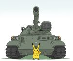  bad_id bad_twitter_id camouflage camouflage_headwear closed_mouth commentary crossed_arms green_headwear ground_vehicle hat highres looking_at_viewer military military_hat military_vehicle motor_vehicle no_humans patrol_cap pikachu pokemon pokemon_(creature) shadow simple_background smile standing takenotcool tank type_74 white_background 